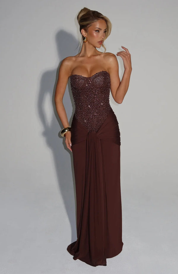 Beaded Mesh Bodice Maxi Dress – Carina - Hadassha