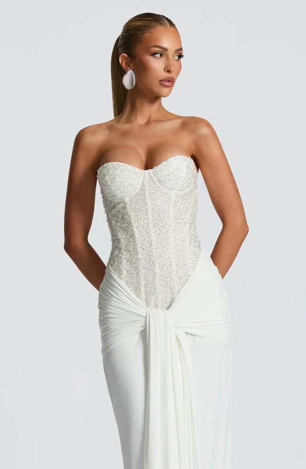 Beaded Mesh Bodice Maxi Dress – Carina - Hadassha