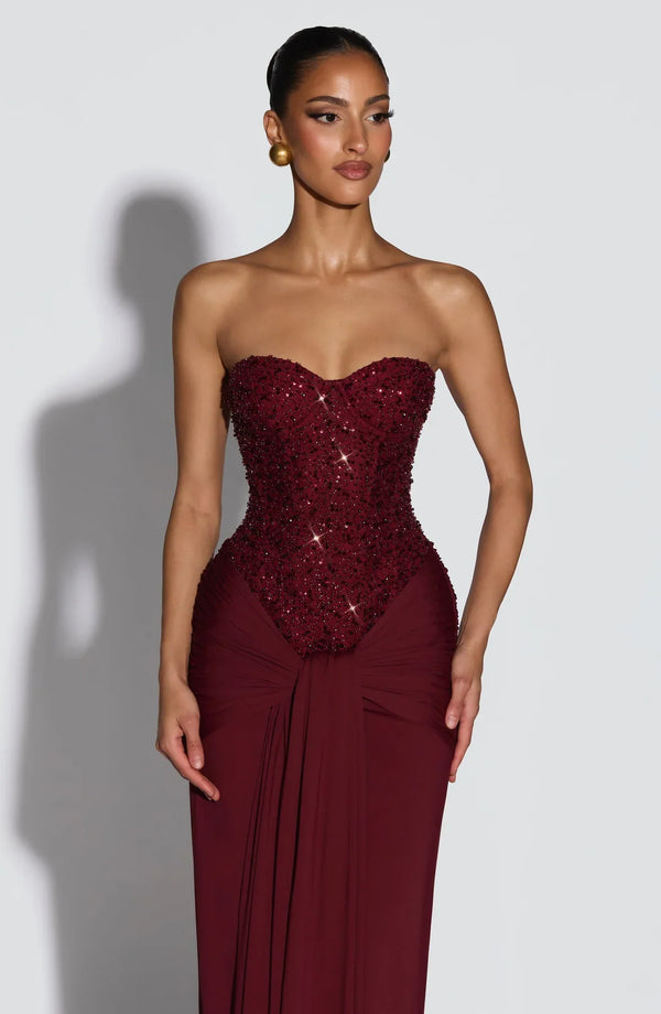 Beaded Mesh Bodice Maxi Dress – Carina - Hadassha