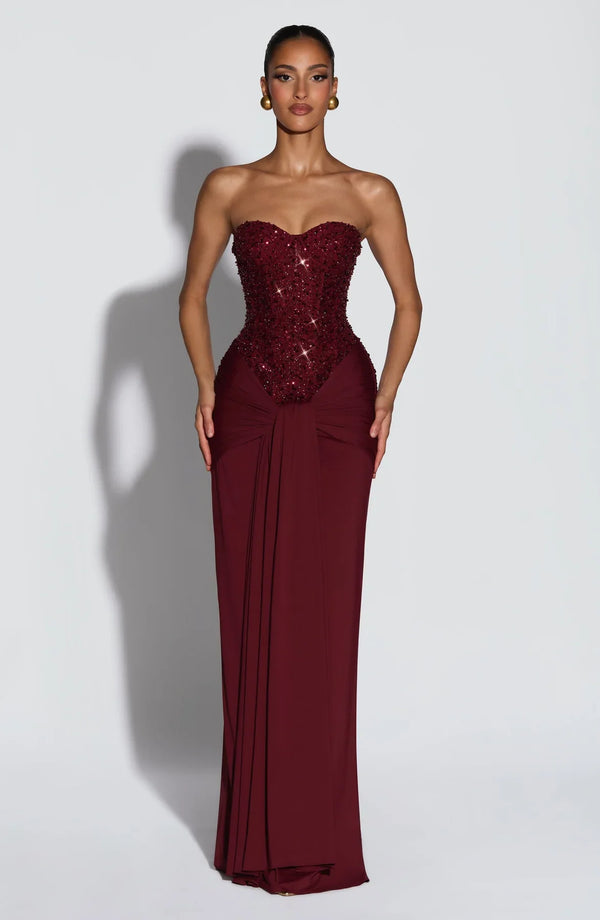 Beaded Mesh Bodice Maxi Dress – Carina - Hadassha