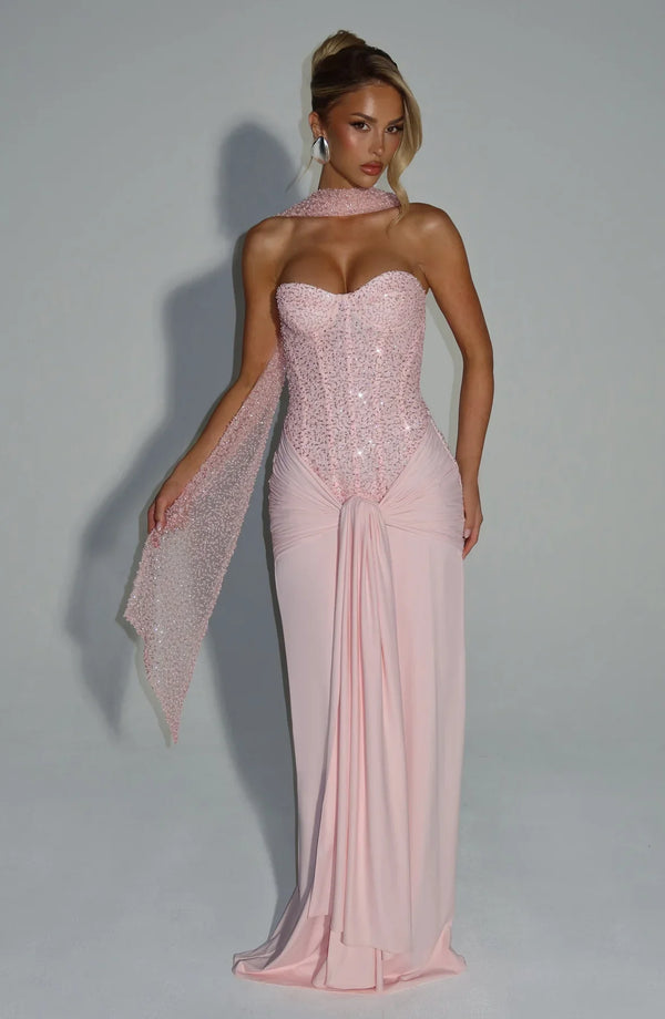 Beaded Mesh Bodice Maxi Dress – Carina - Hadassha