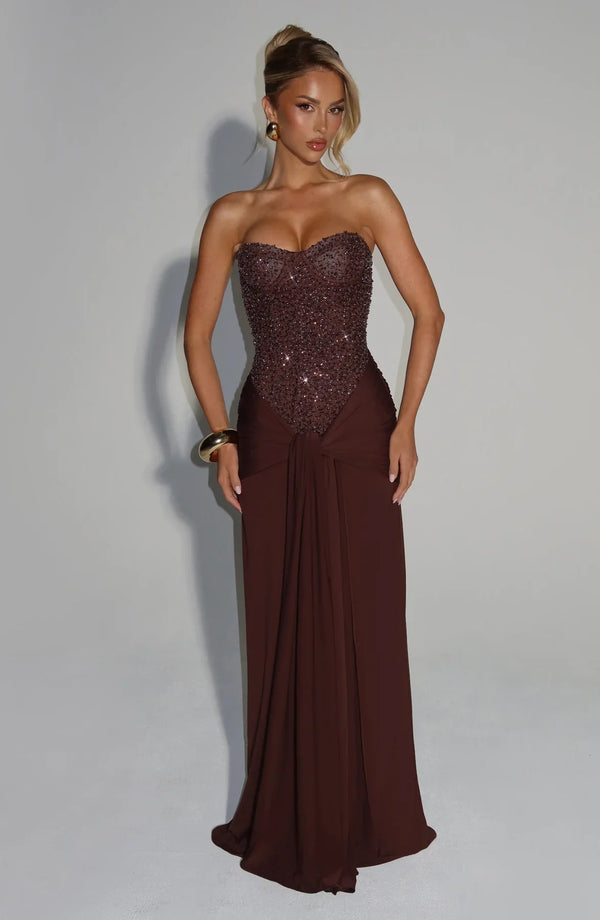 Beaded Mesh Bodice Maxi Dress – Carina - Hadassha