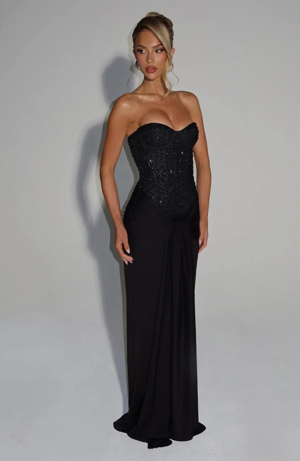 Beaded Mesh Bodice Maxi Dress – Carina - Hadassha