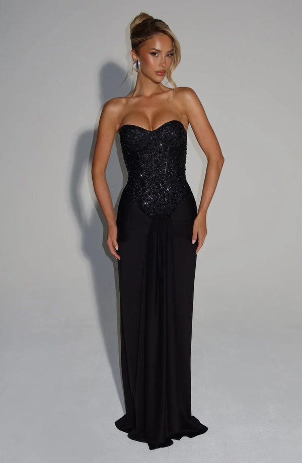 Beaded Mesh Bodice Maxi Dress – Carina - Hadassha