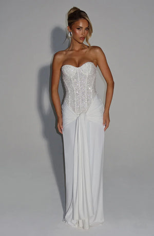 Beaded Mesh Bodice Maxi Dress – Carina - Hadassha
