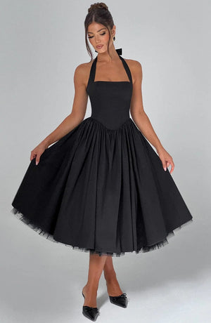 Boned Corset Midi Dress Sculpting Tulle-Lined – Elisabetta - Black - Hadassha