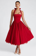 Boned Corset Midi Dress Sculpting Tulle-Lined – Elisabetta - Red - Hadassha