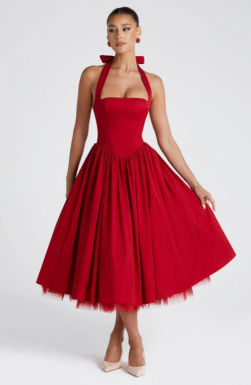 Boned Corset Midi Dress Sculpting Tulle-Lined – Elisabetta - Red - Hadassha
