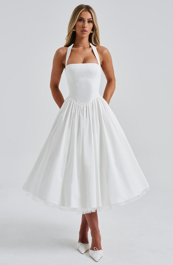 Boned Corset Midi Dress Sculpting Tulle-Lined – Elisabetta - White - Hadassha