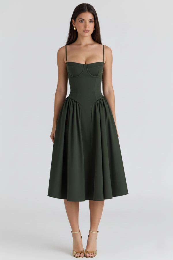 Bustier Dress Waist-Sculpting Adjustable Straps – Sylvia - Moss Green - Hadassha