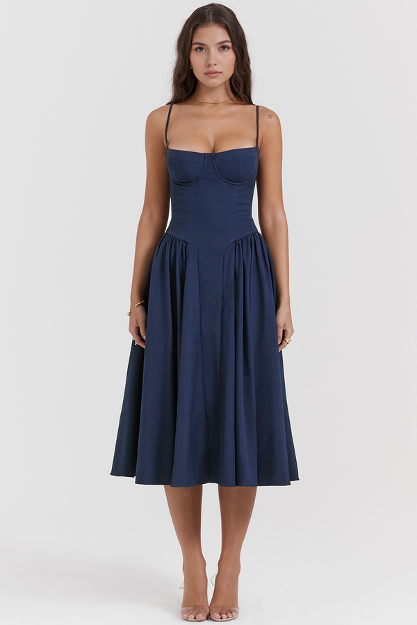 Bustier Dress Waist-Sculpting Adjustable Straps – Sylvia - Navy Blue - Hadassha