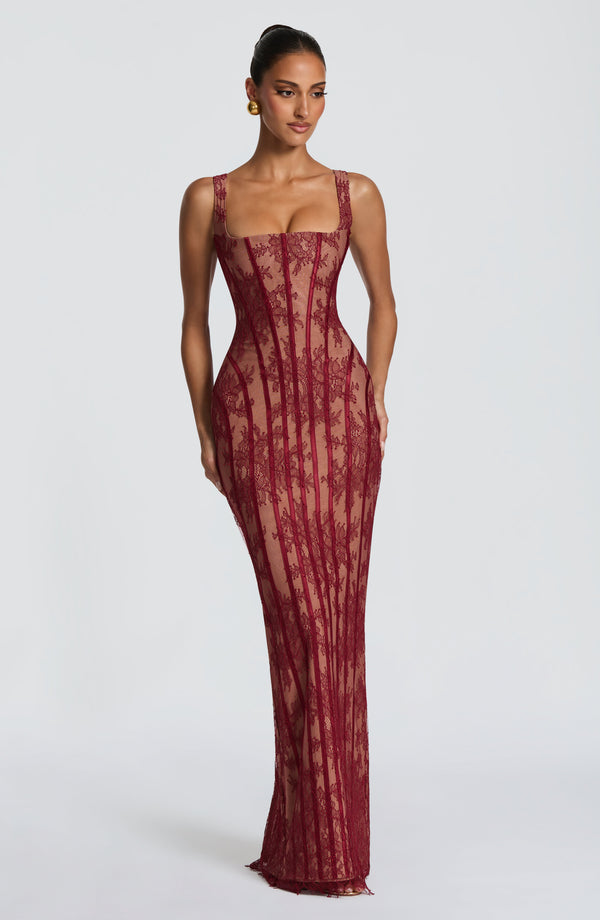 Corset Lace Maxi Dress – Genevieve - Burgundy - Hadassha