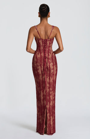 Corset Lace Maxi Dress – Genevieve - Burgundy - Hadassha