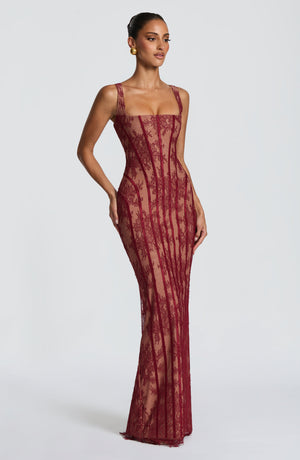 Corset Lace Maxi Dress – Genevieve - Burgundy - Hadassha