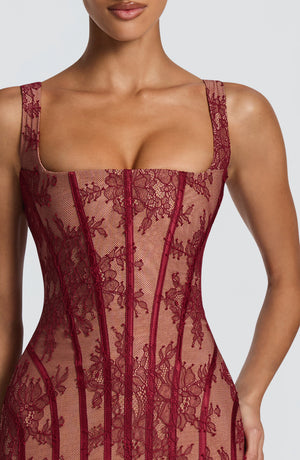 Corset Lace Maxi Dress – Genevieve - Burgundy - Hadassha