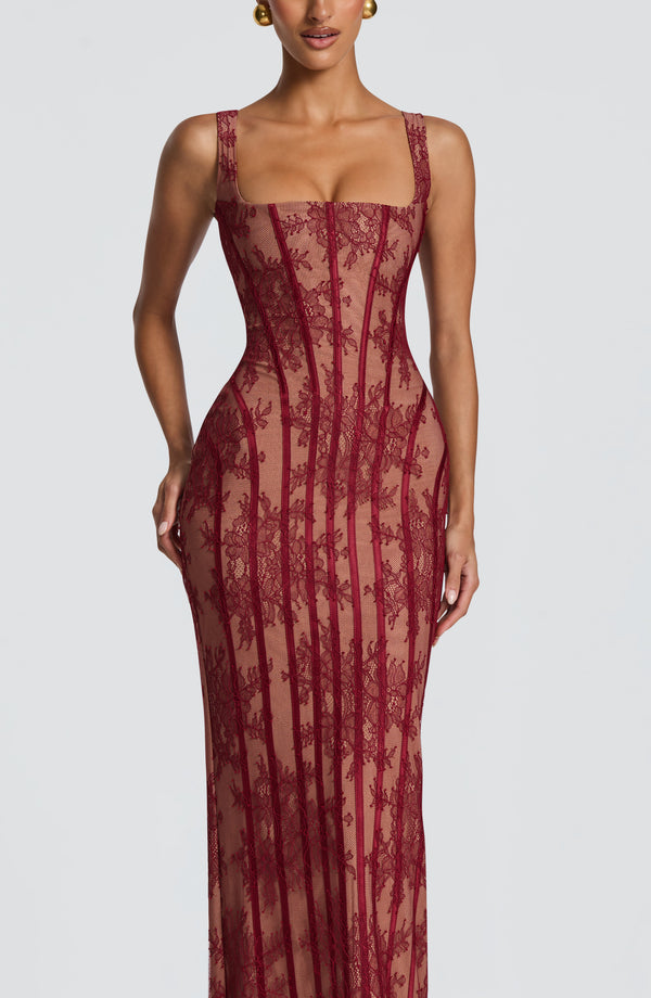 Corset Lace Maxi Dress – Genevieve - Burgundy - Hadassha