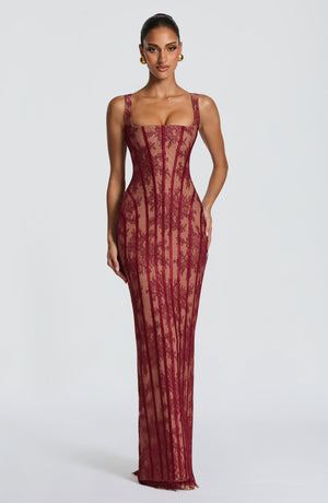 Corset Lace Maxi Dress – Genevieve - Burgundy - Hadassha