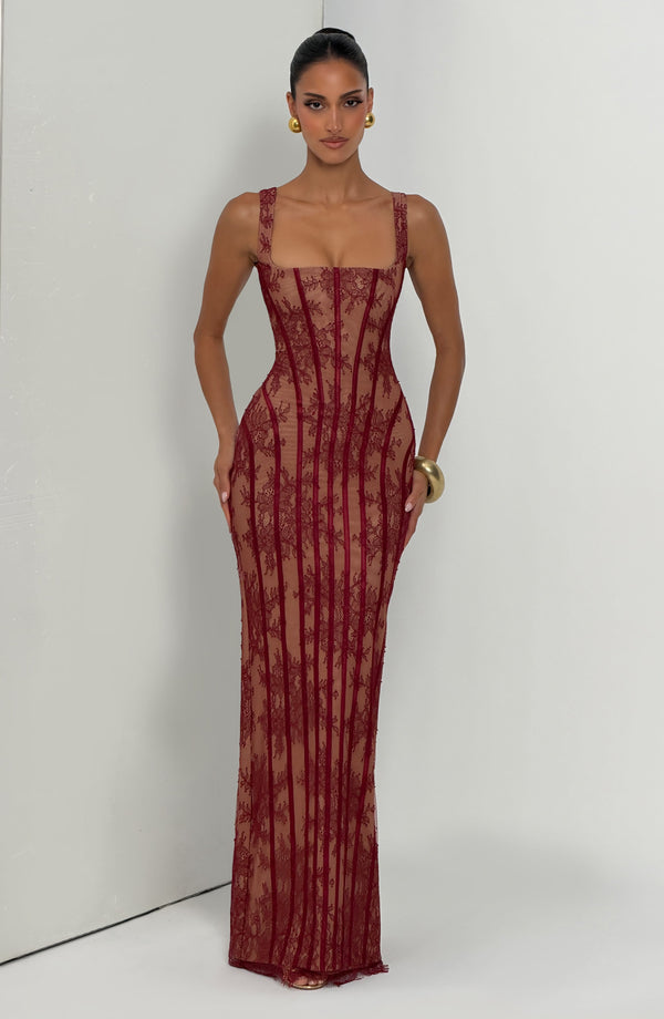 Corset Lace Maxi Dress – Genevieve - Burgundy - Hadassha