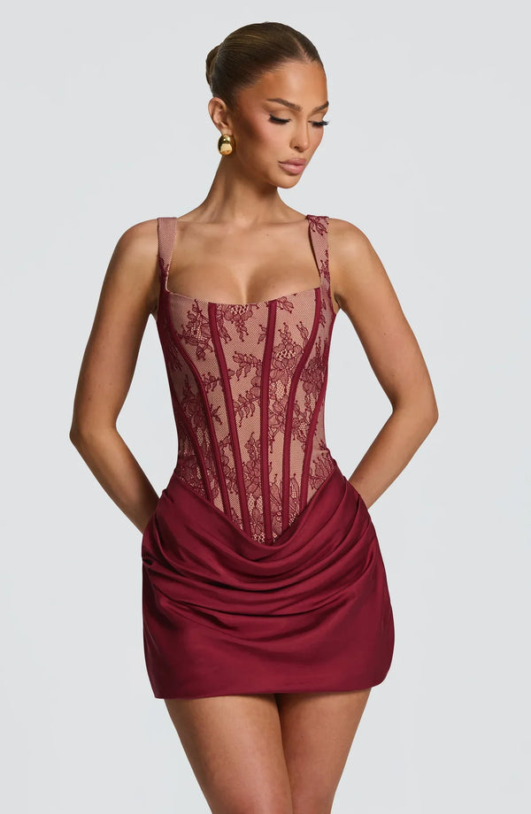 Corset Lace Mini Dress Draped Skirt – Cornelia