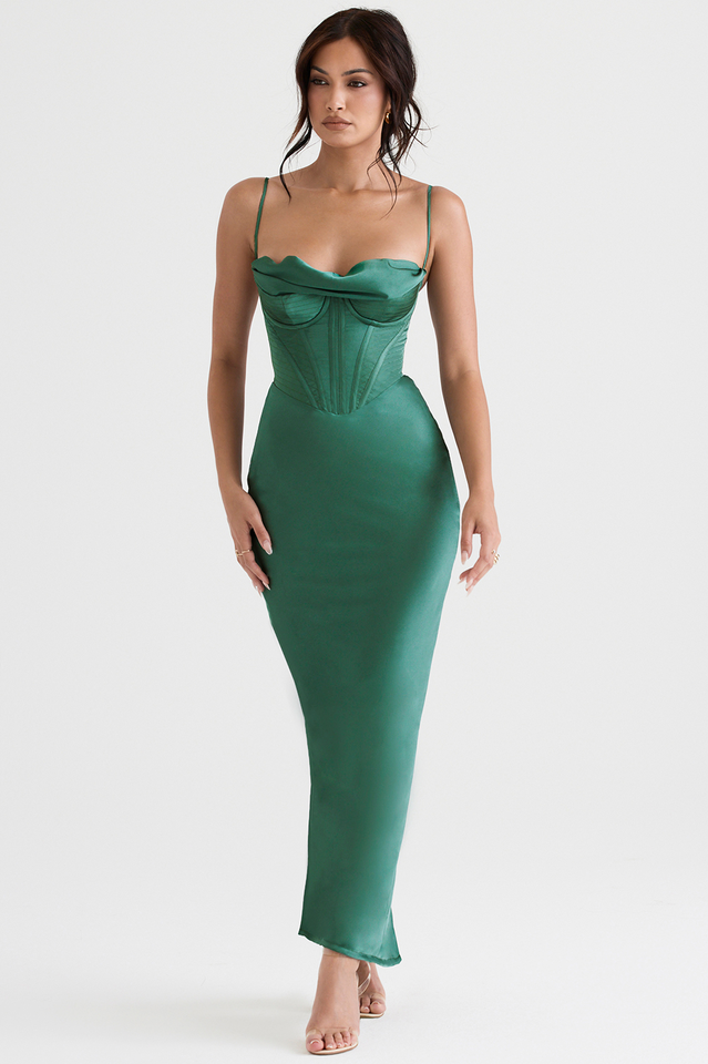 Corset Maxi Dress Waist-Cinching Silk – Calista - Forest Green - Hadassha
