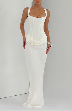 Draped Maxi Gown Figure-Flattering Satin – Lenore - Hadassha