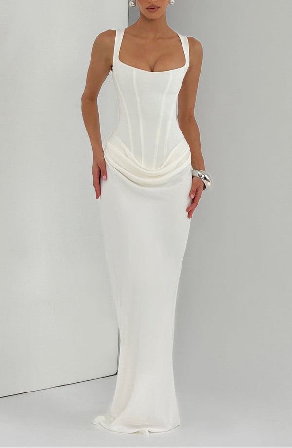 Draped Maxi Gown Figure-Flattering Satin – Lenore - Hadassha