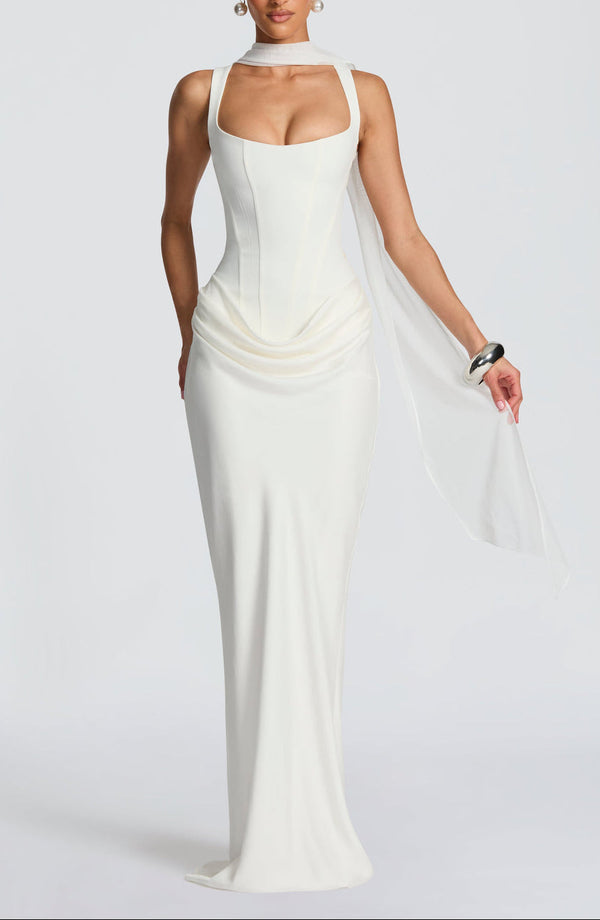Draped Maxi Gown Figure-Flattering Satin – Lenore - Hadassha