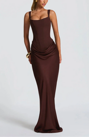 Draped Maxi Gown Figure-Flattering Satin – Lenore - Brown - Hadassha