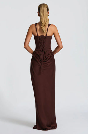 Draped Maxi Gown Figure-Flattering Satin – Lenore - Brown - Hadassha