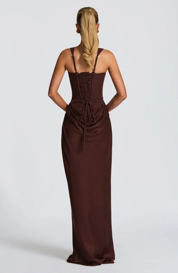 Draped Maxi Gown Figure-Flattering Satin – Lenore - Brown - Hadassha