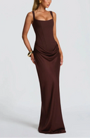 Draped Maxi Gown Figure-Flattering Satin – Lenore - Brown - Hadassha