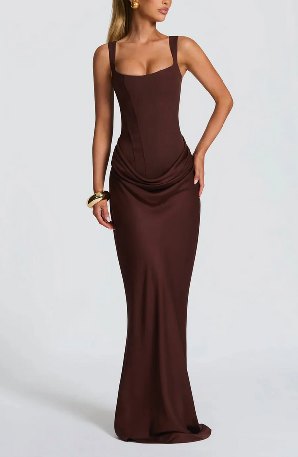 Draped Maxi Gown Figure-Flattering Satin – Lenore - Brown - Hadassha