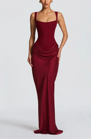 Draped Maxi Gown Figure-Flattering Satin – Lenore - Burgundy - Hadassha