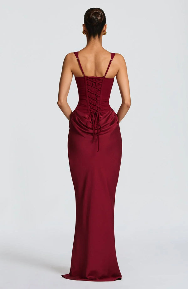 Draped Maxi Gown Figure-Flattering Satin – Lenore - Burgundy - Hadassha
