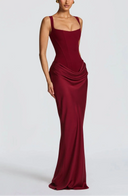Draped Maxi Gown Figure-Flattering Satin – Lenore - Burgundy - Hadassha