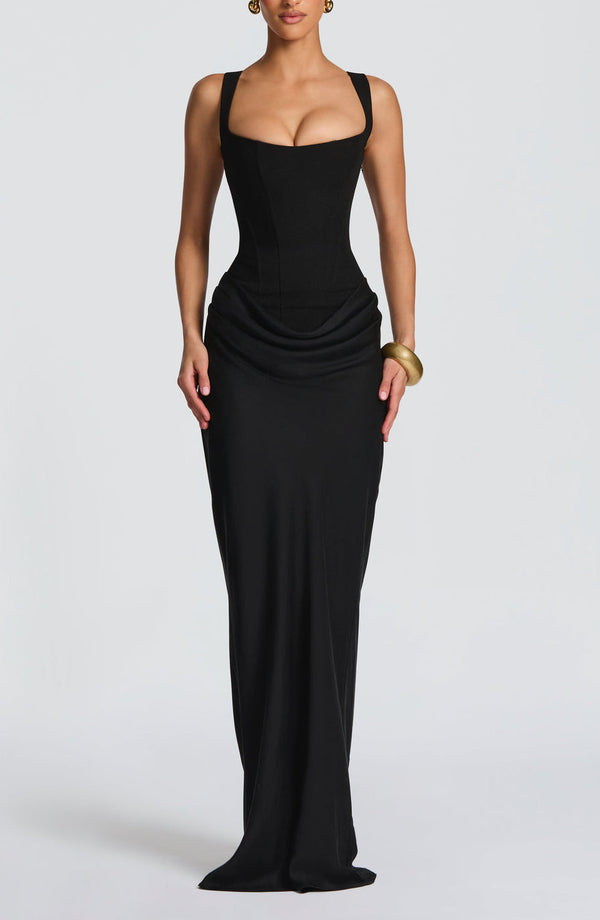 Draped Maxi Gown Figure-Flattering Satin – Lenore - Hadassha