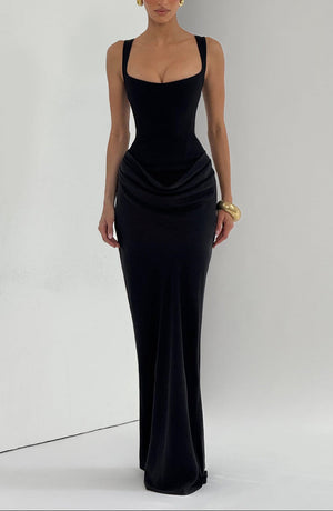 Draped Maxi Gown Figure-Flattering Satin – Lenore - Hadassha
