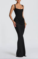 Draped Maxi Gown Figure-Flattering Satin – Lenore - Black - Hadassha
