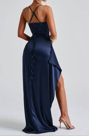 Evening Maxi Dress Ruched Waist, High Slit – Beatrice - Hadassha
