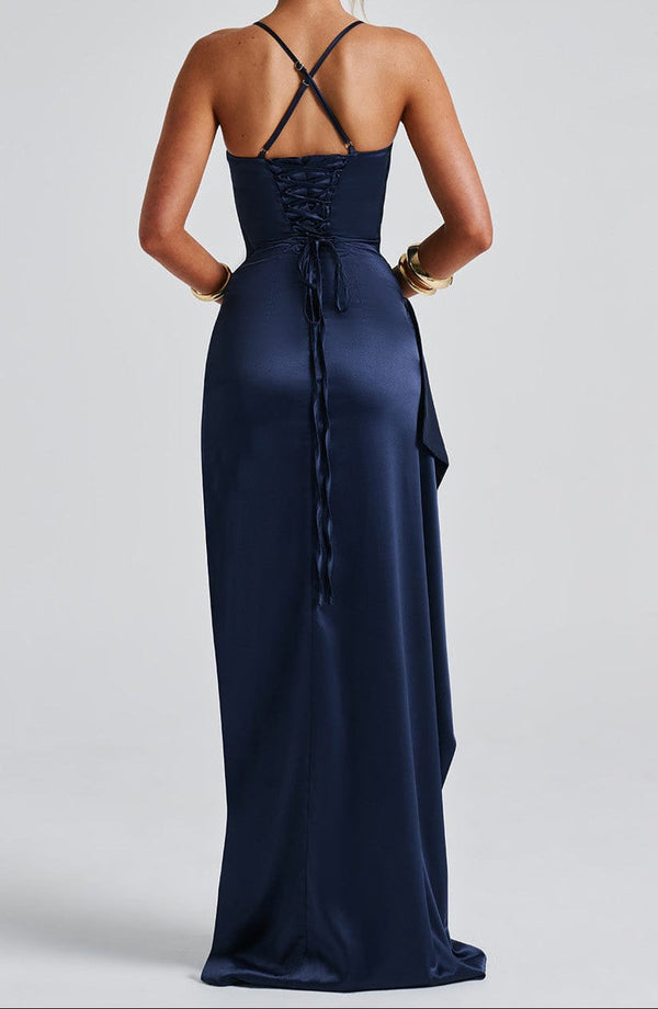 Evening Maxi Dress Ruched Waist, High Slit – Beatrice - Hadassha