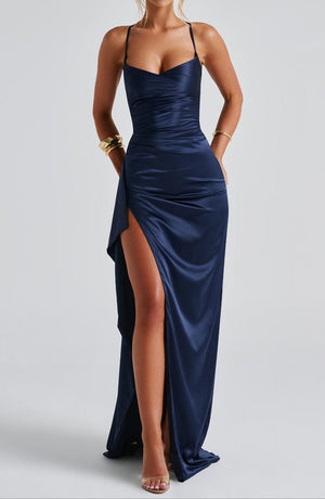 Evening Maxi Dress Ruched Waist, High Slit – Beatrice - Hadassha