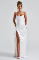 Evening Maxi Dress Ruched Waist, High Slit – Beatrice