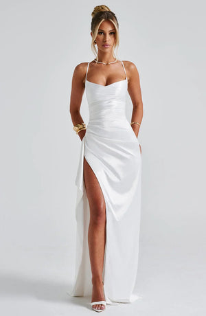 Evening Maxi Dress Ruched Waist, High Slit – Beatrice