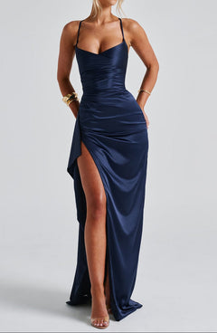 Evening Maxi Dress Ruched Waist, High Slit – Beatrice - Navy Blue - Hadassha