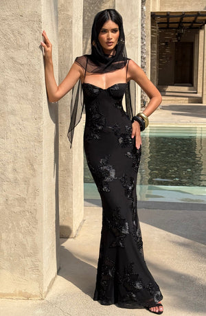 Floral Appliqué Corset Maxi Dress – Nerida - Hadassha