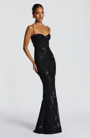 Floral Appliqué Corset Maxi Dress – Nerida - Hadassha