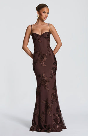 Floral Appliqué Corset Maxi Dress – Nerida - Hadassha