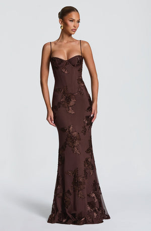 Floral Appliqué Corset Maxi Dress – Nerida - Hadassha