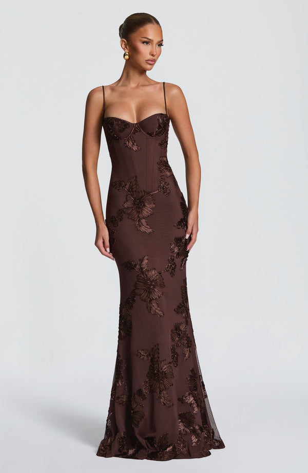 Floral Appliqué Corset Maxi Dress – Nerida - Hadassha