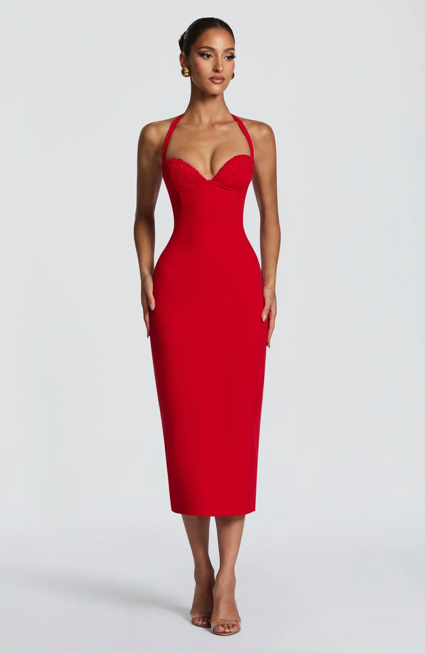 Halter Midi Dress Structured Bust – Cassia - Hadassha